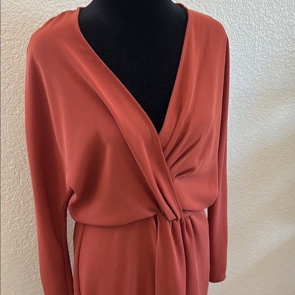 ASOS Front Slit Gathered V Neck Midi Pencil Dress Rust Orange 0115 - Picture 3 of 9